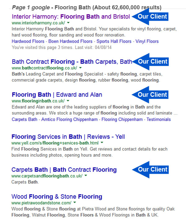 Examples of Bath Business Web's front page results for their clients 